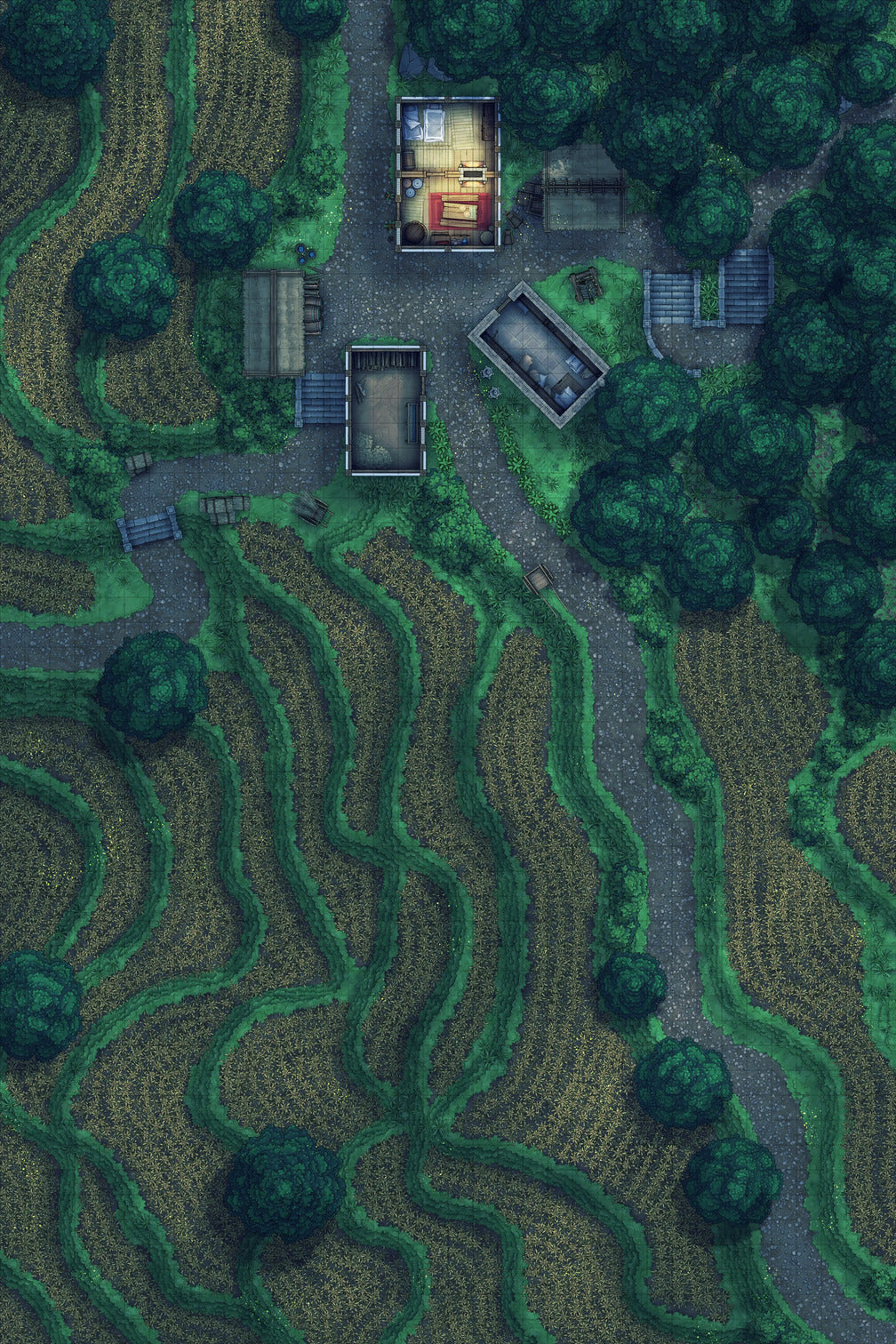 Terraced Rice Paddy Farm Battlemap - overhead view village terraced fields - Digital, Foundry VTT, Print
