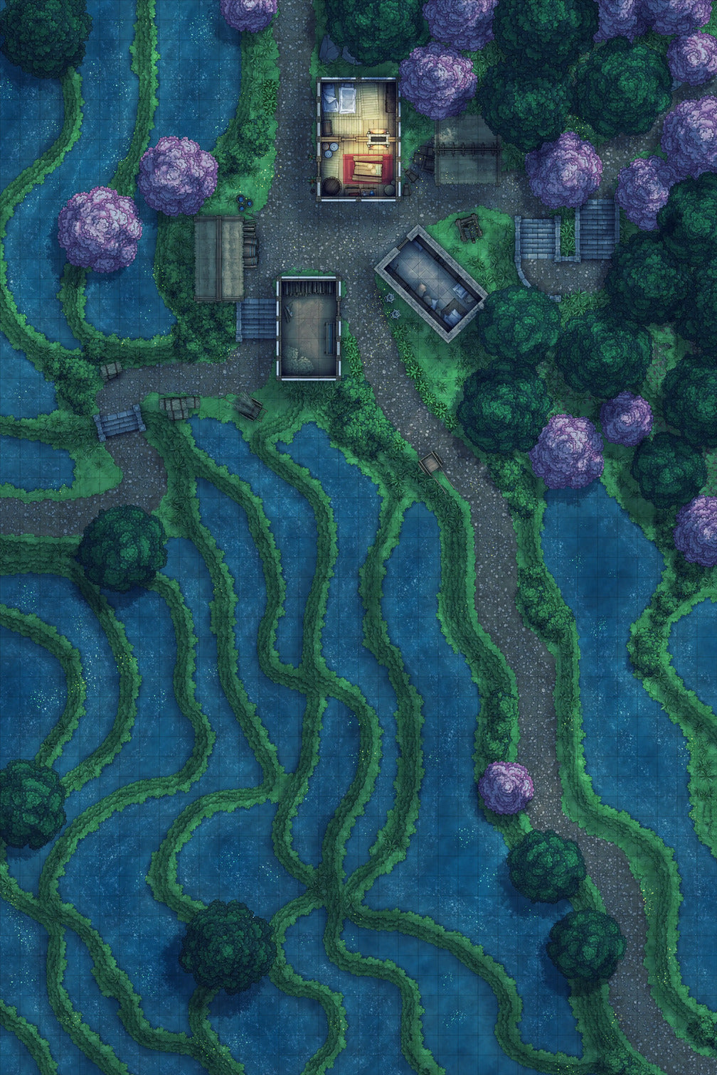 Terraced Rice Paddy Farm Battlemap - overhead view village rice paddies - Digital, Foundry VTT, Print