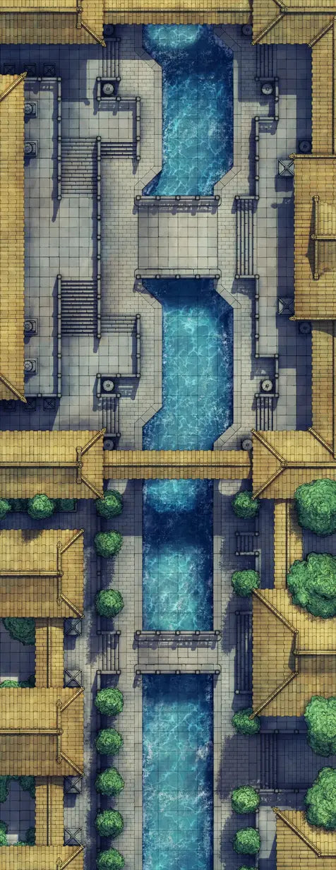 The Forbidden City Battlemap - top-down view city canal - Digital, Foundry VTT, Print