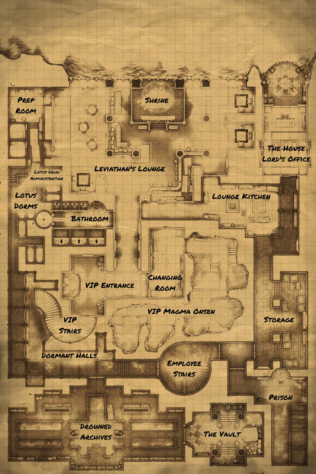 Underworld Oni Pleasure Palace (Part 2) Battlemap - detailed dungeon map - Digital, Foundry VTT, Print
