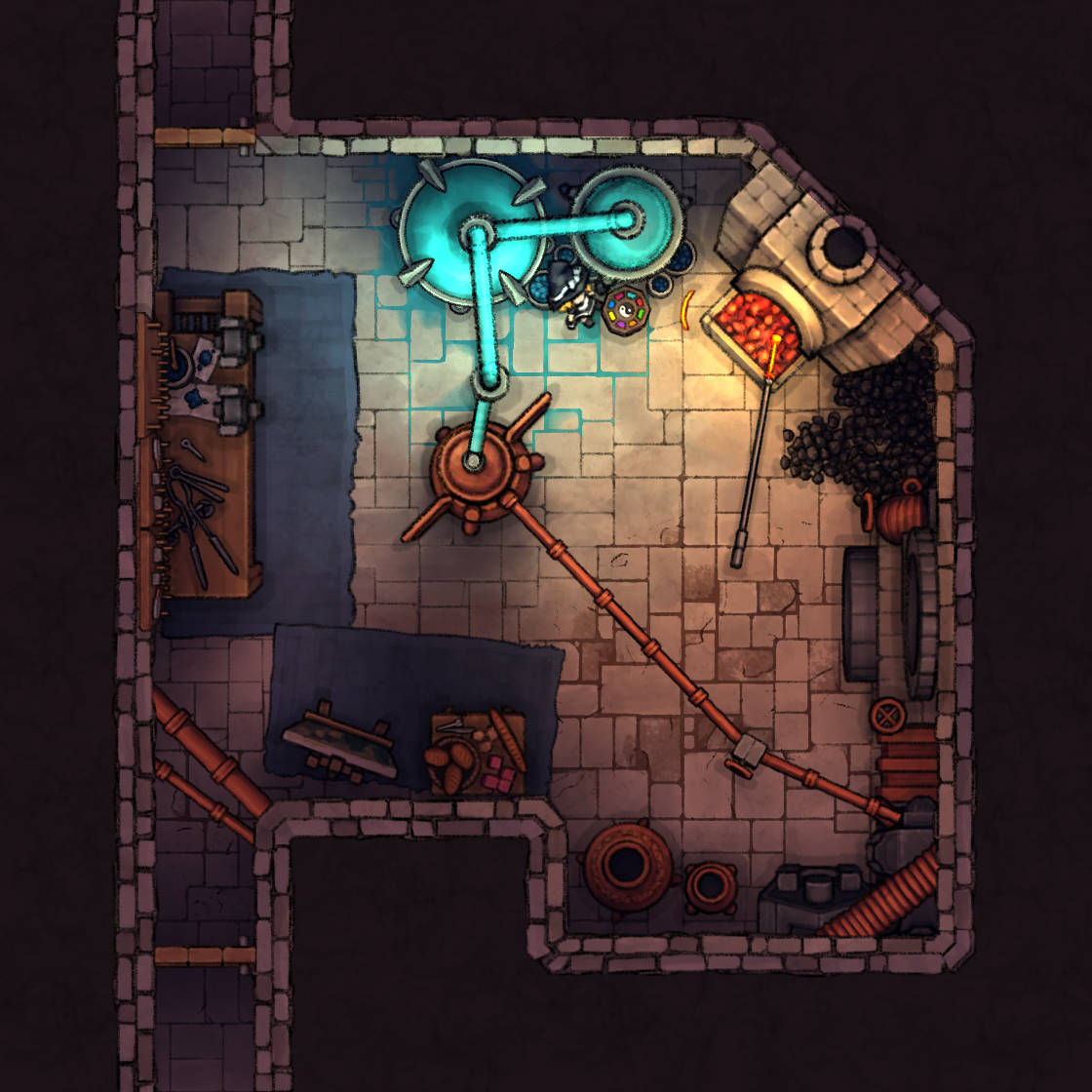 Whimsical Artisan’s Workshop Assets Asset Kit - blue gear red mechanical arm - Dungeondraft