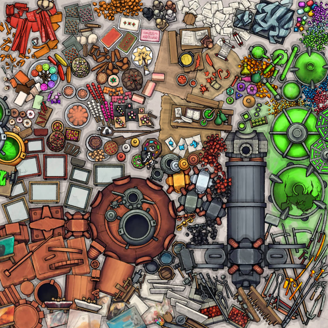 Whimsical Artisan’s Workshop Assets Asset Kit - steampunk-inspired mechanical clockwork device intricate - Dungeondraft