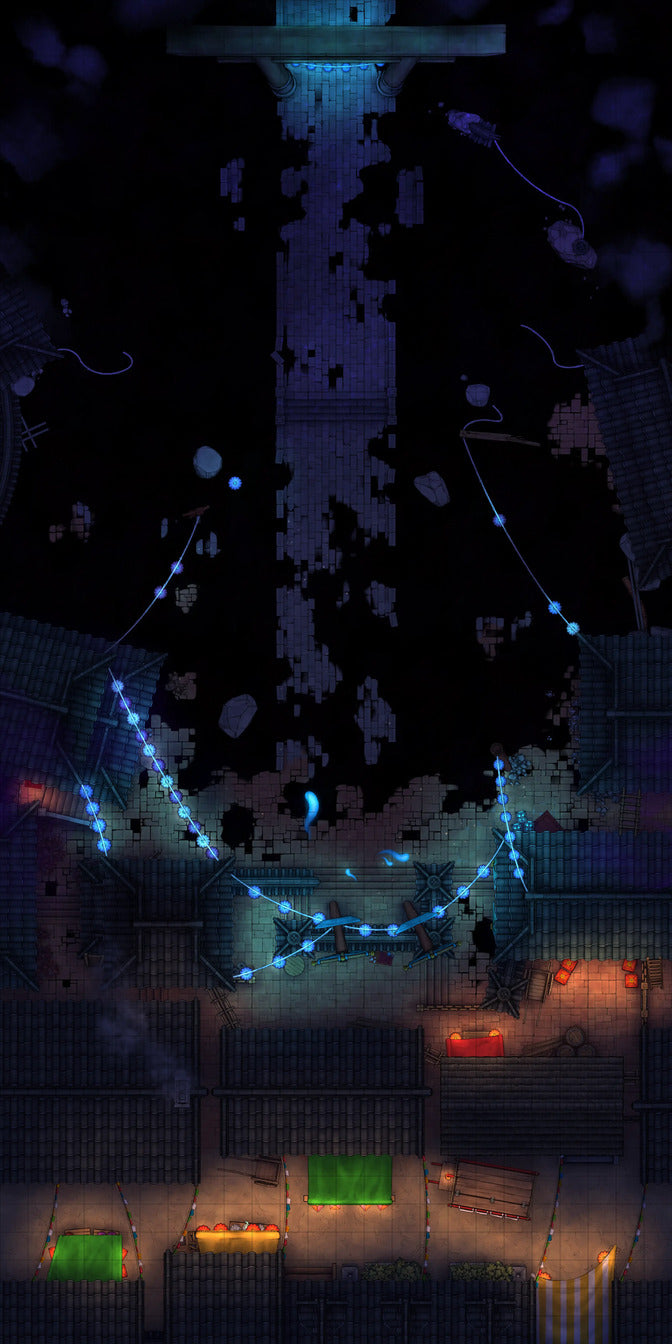 Youkai Night Market & Spirit Realm Entrance Battlemap - dark stylized cityscape lights - Digital, Foundry VTT, Print