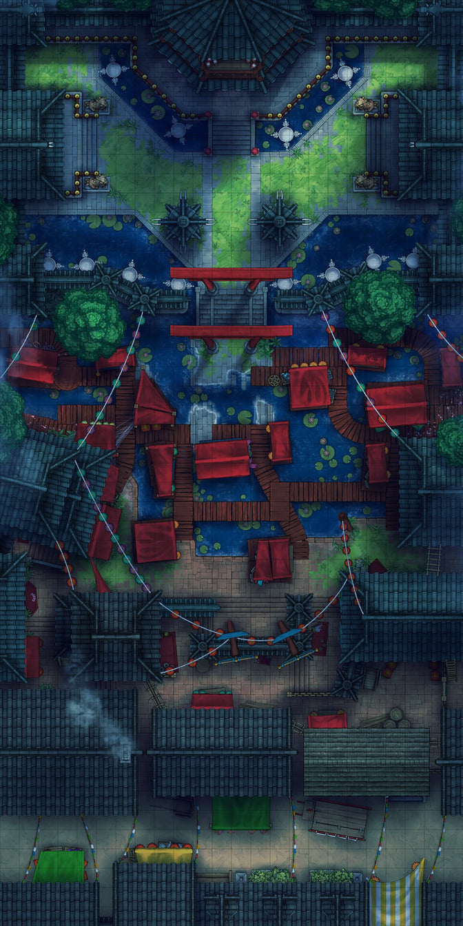 Youkai Night Market & Spirit Realm Entrance Battlemap - overhead view fantasy city - Digital, Foundry VTT, Print